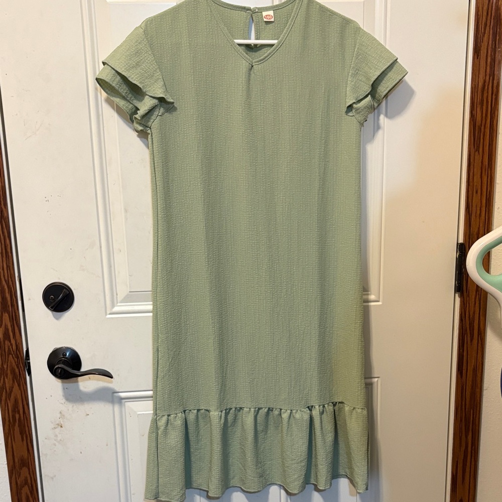 Girls Sage Green Double Ruffle Shoulder Cuff With Ruffle Hem Dress